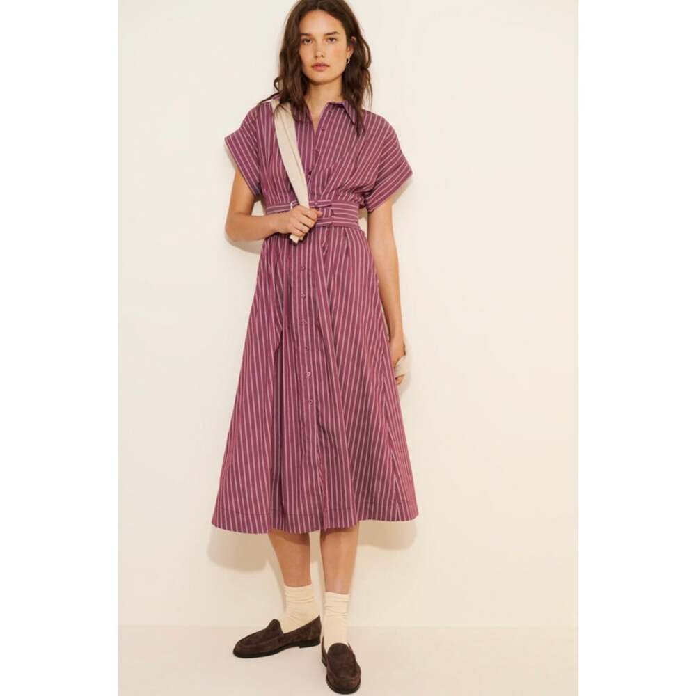 Anthropologie Exquise Tobie Double Buckle Midi Shirt Dress Burgundy Stripe MP